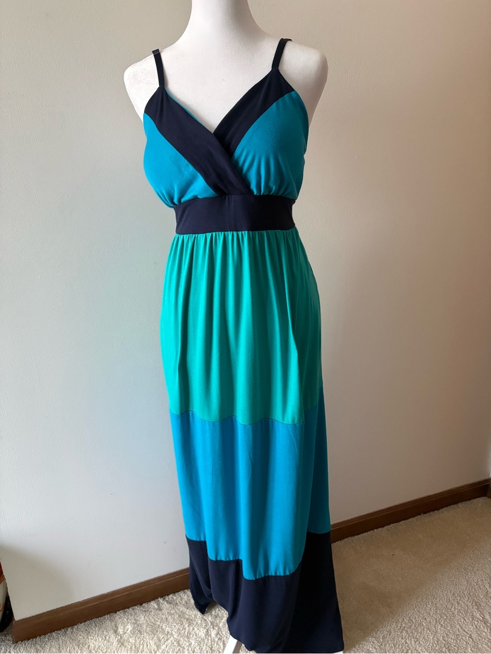 Allison Brittney Teal and Blue Colorblock Knit Maxi Size L Easy Fit:Built In Bra